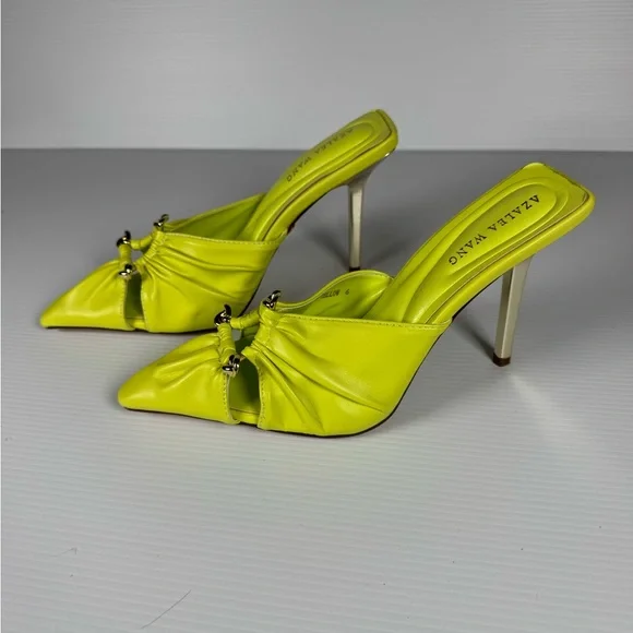 Azalea Wang Otzara Neon Yellow Stiletto Mule Heels Size 6 Statement Pointed Toe - Picture 3 of 6